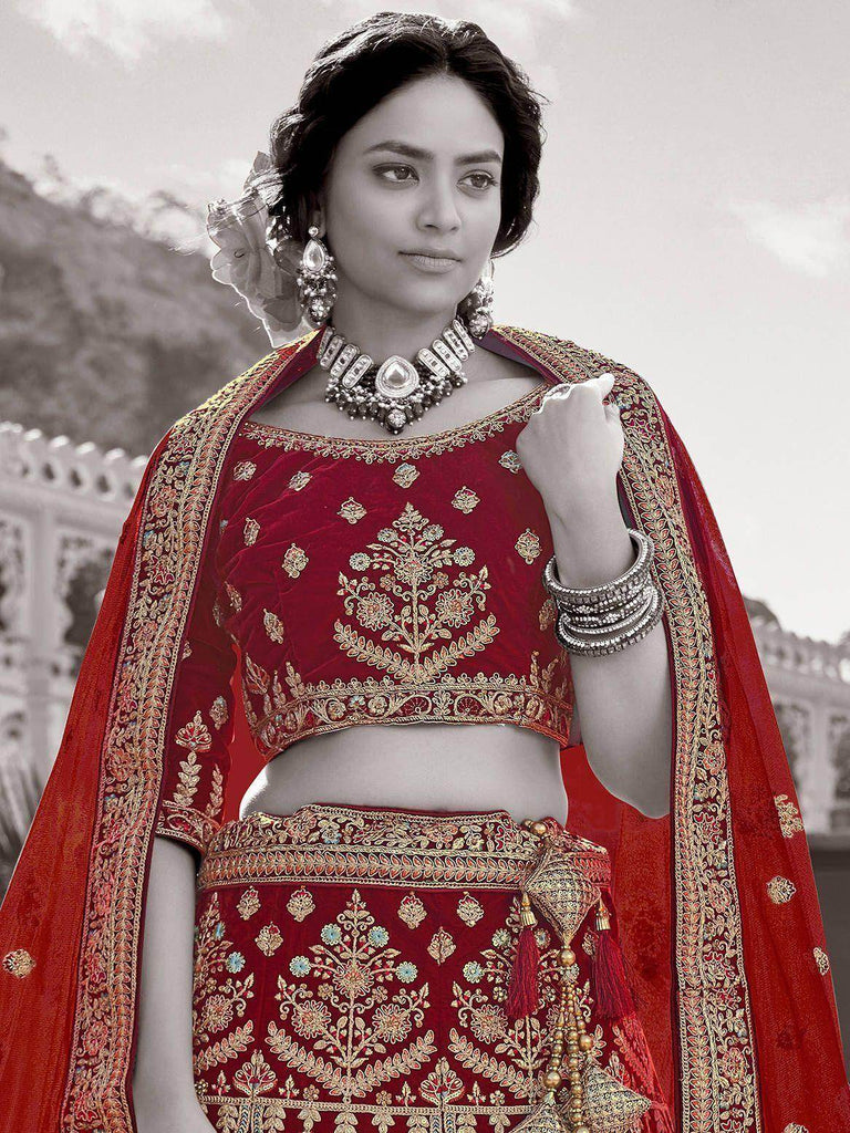 Gorgeous Maroon Multi Embroidery Velvet Bridal Lehenga Choli