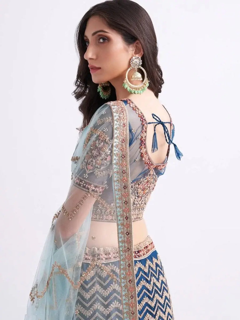 Pleasurable Persian Blue Cording Work Net Bridal Lehenga Choli