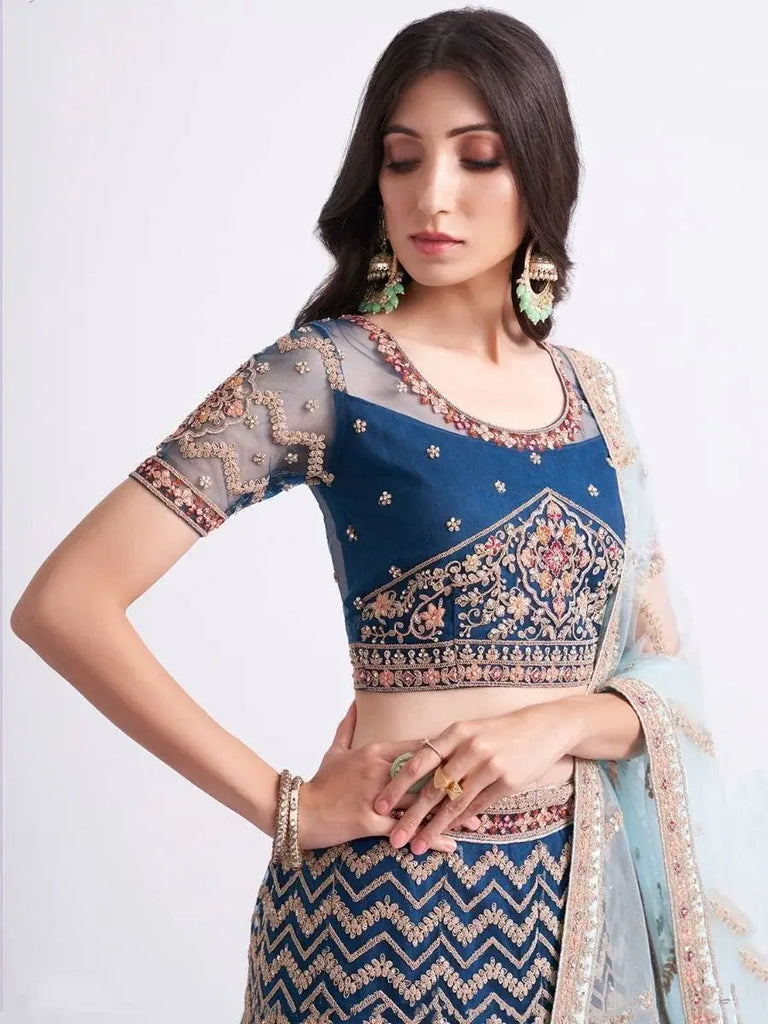 Pleasurable Persian Blue Cording Work Net Bridal Lehenga Choli