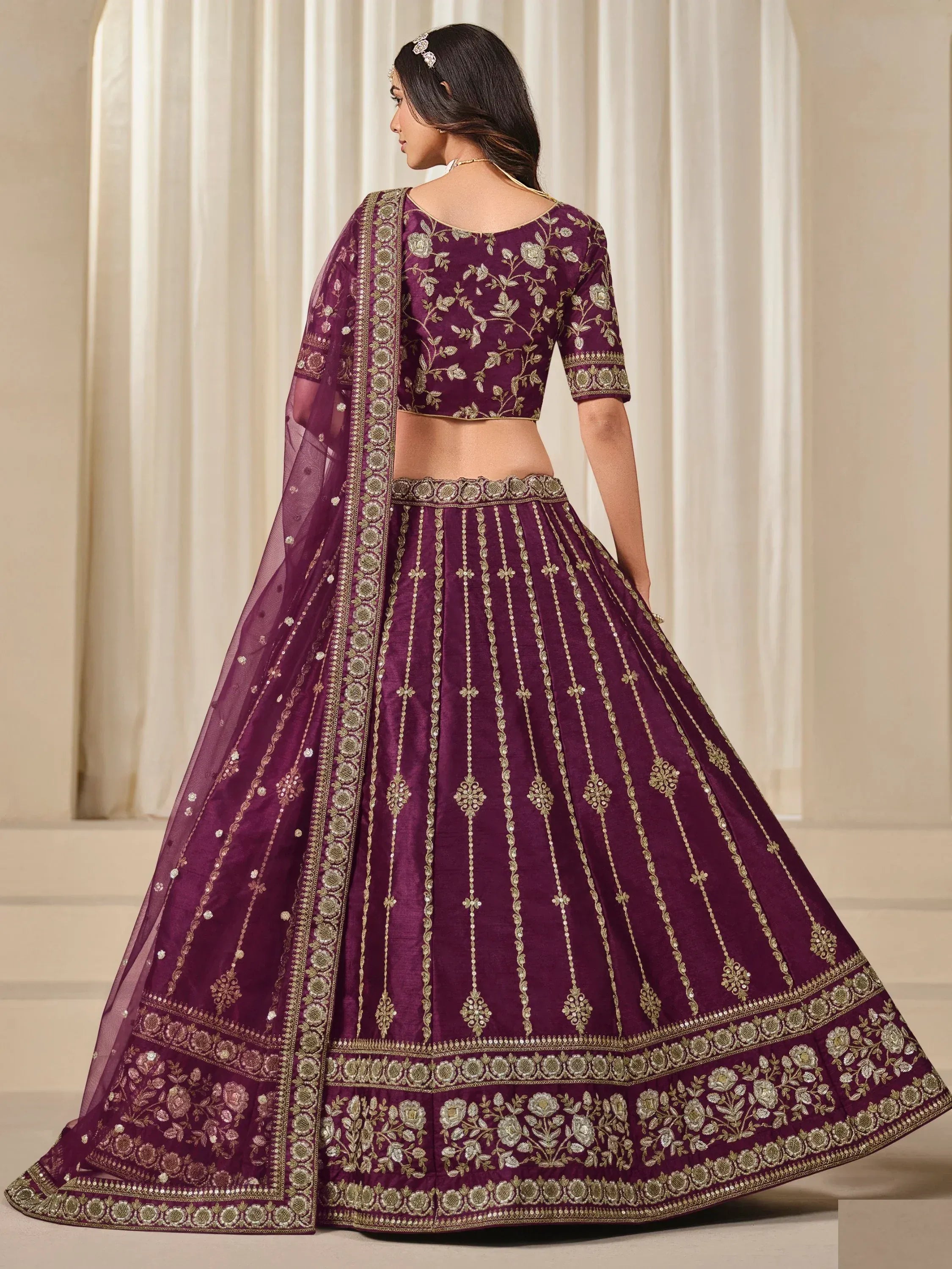 Delightful Wine Dori Work Art Silk Reception Wear Lehenga Choli