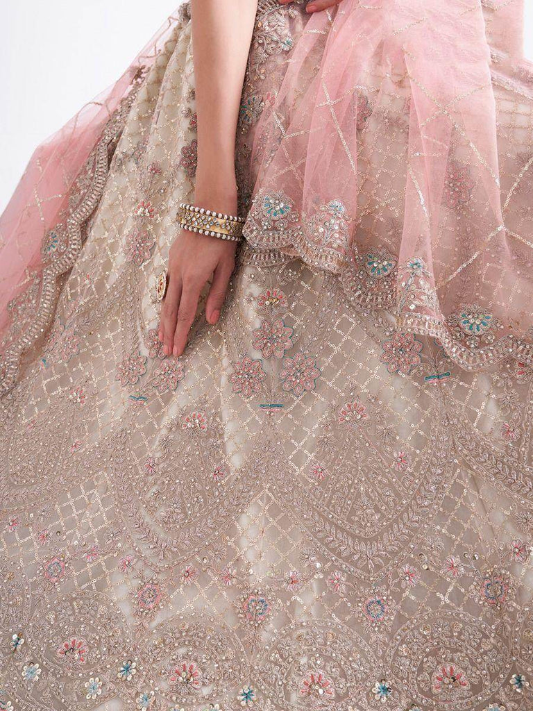 Lustrious Off-white Cording Work Net Bridal Lehenga Choli