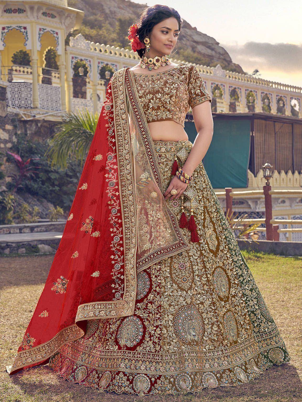 Designer lehenga choli with red dupatta, intricate gold embroidery, perfect for Indian weddings and festive occasions