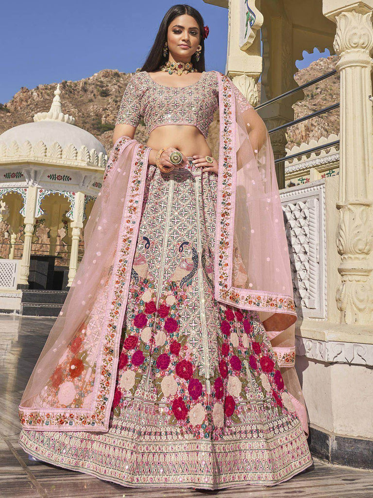 Astonishing Pink Multi-Thread Work Net Wedding Lehenga Choli