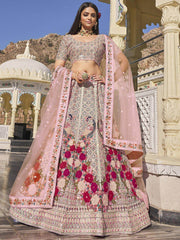 Astonishing Pink Multi-Thread Work Net Wedding Lehenga Choli