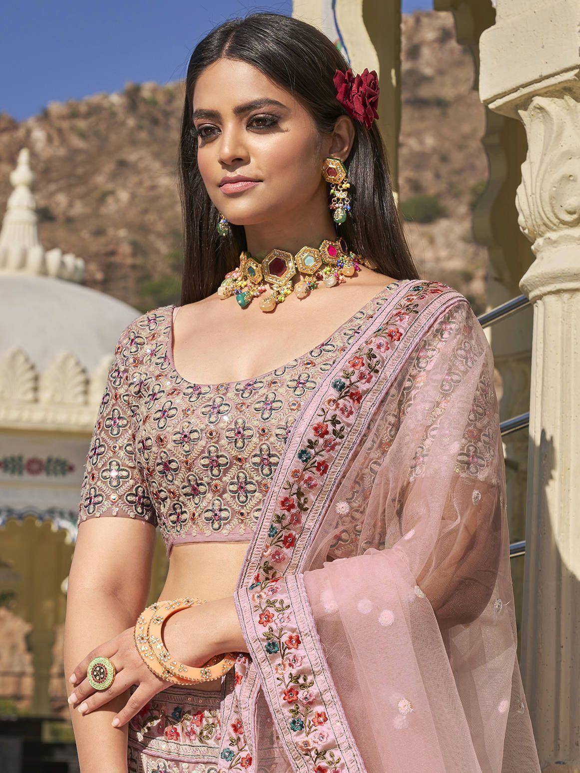 Pink floral embroidered lehenga choli with dupatta, traditional Indian ethnic wear for women