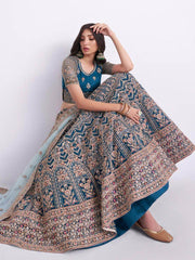 Sumptuous Teal Blue Cording Work Net Bridal Lehenga Choli