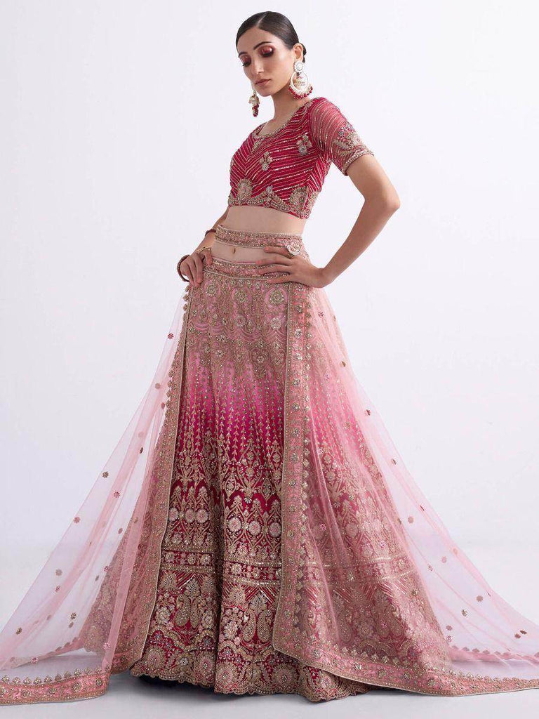 Luxurious Rani Shaded Cording Work Net Bridal Lehenga Choli