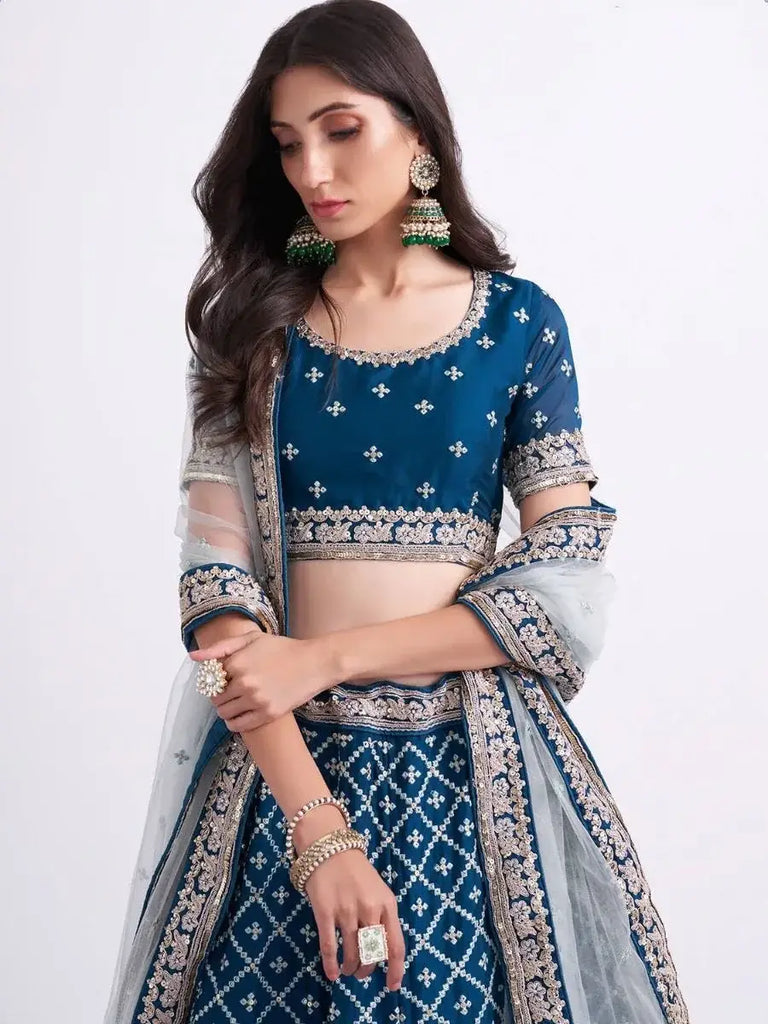 Graceful Teal blue Cording Work Georgette Bridal Lehenga Choli
