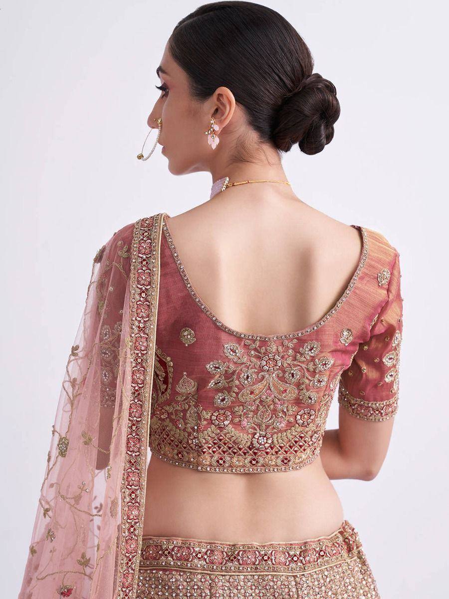 Pink embroidered lehenga choli with open back and matching dupatta, Indian ethnic wear