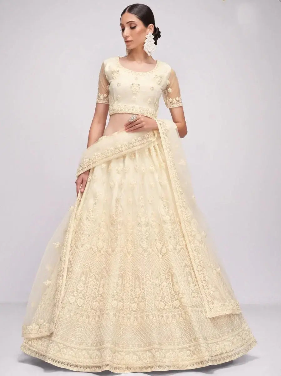 Glamorous Off-White Sequins Embroidery Net Monochrome Lehenga Choli