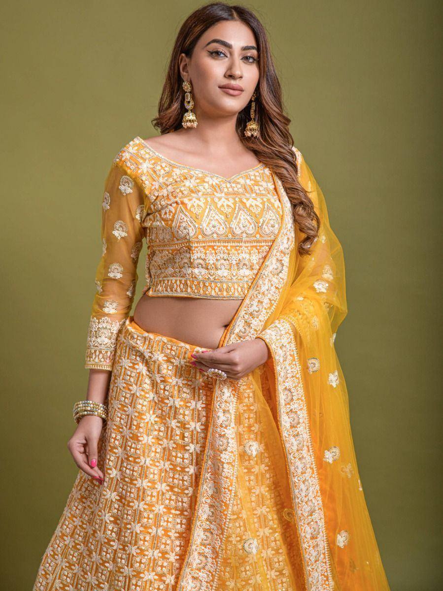 Yellow embroidered lehenga choli with dupatta, Indian ethnic wear for women