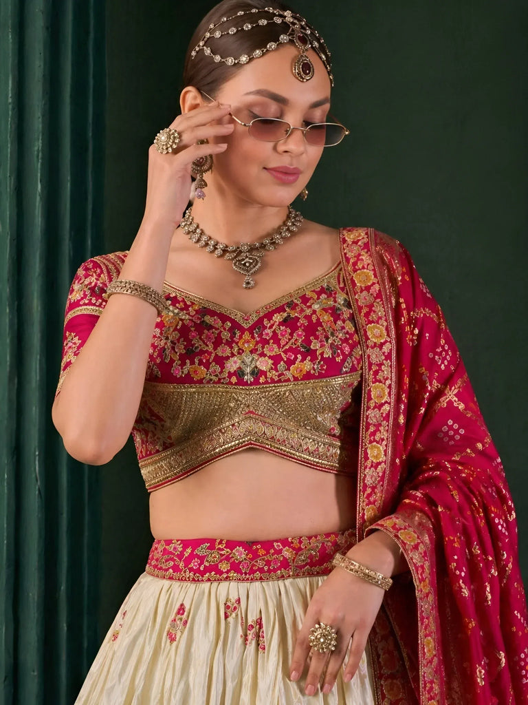 Attractive Beige Thread Work Tissue Designer Lehenga Choli With Dupatta