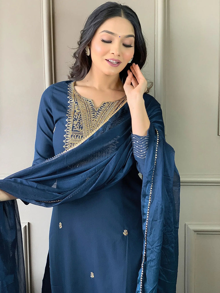Adorable Navy Blue Embroidered Rayon Pant Suit With Dupatta