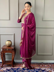 Precious Wine Embroidered Rayon Festival Wear Pant Suit With Dupatta