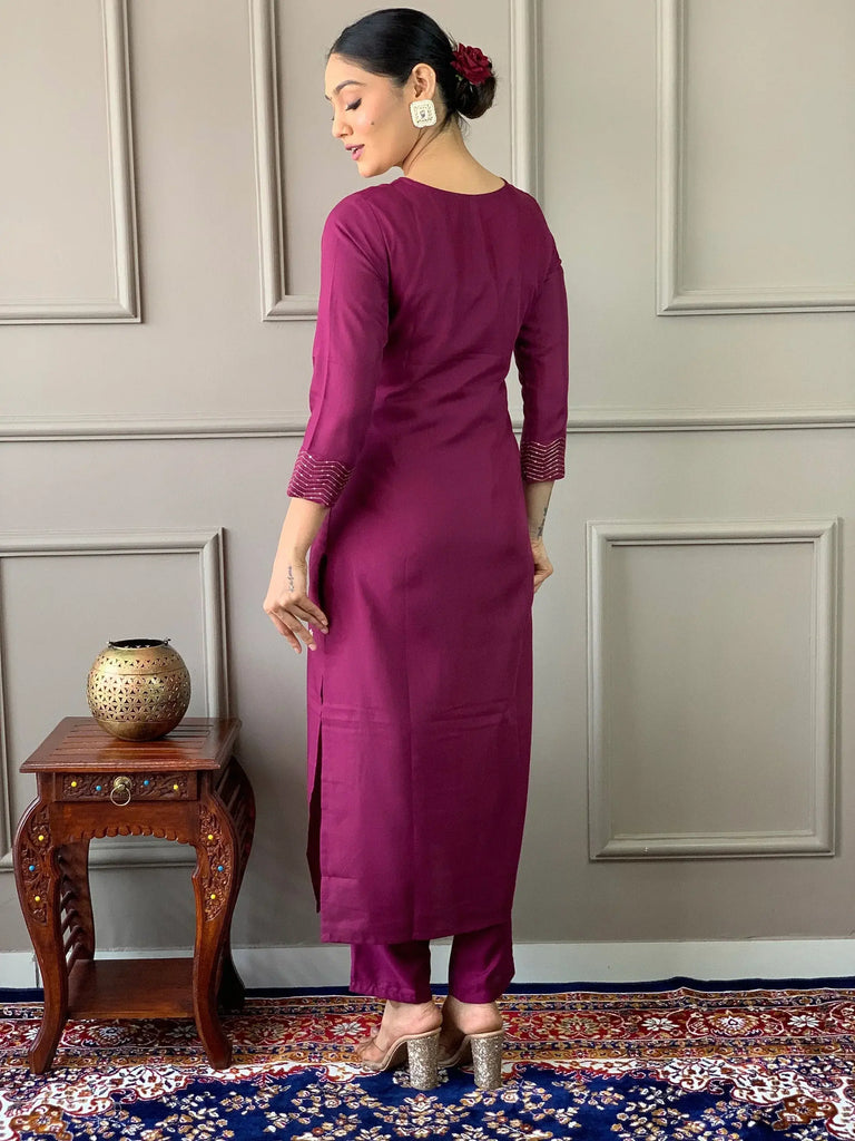 Precious Wine Embroidered Rayon Festival Wear Pant Suit With Dupatta
