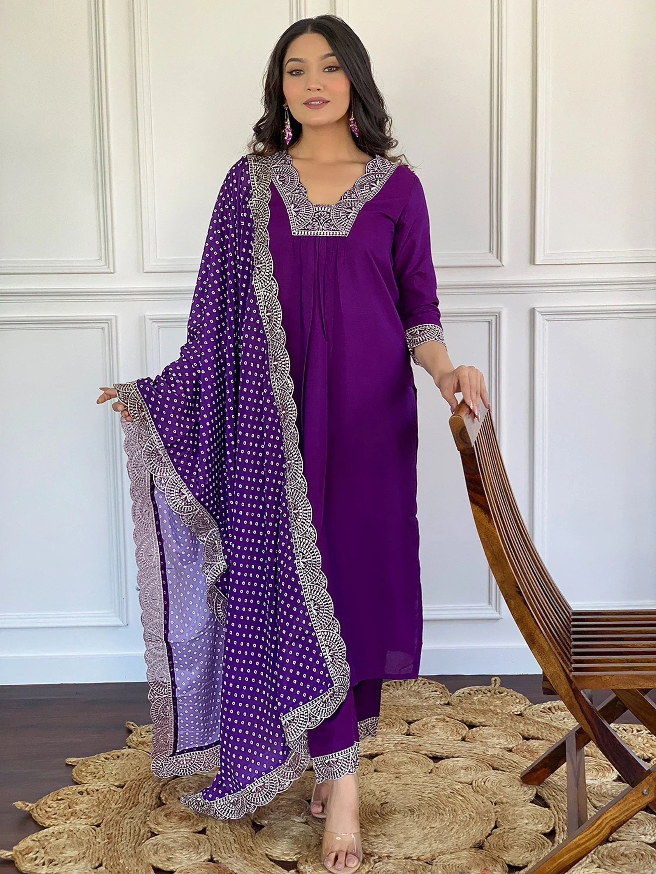Purple ethnic kurta with white embroidery and matching dupatta, styled for Indian wear