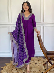 Lovely Purple Embroidered Viscose Festival Wear Pant Suit With Dupatta