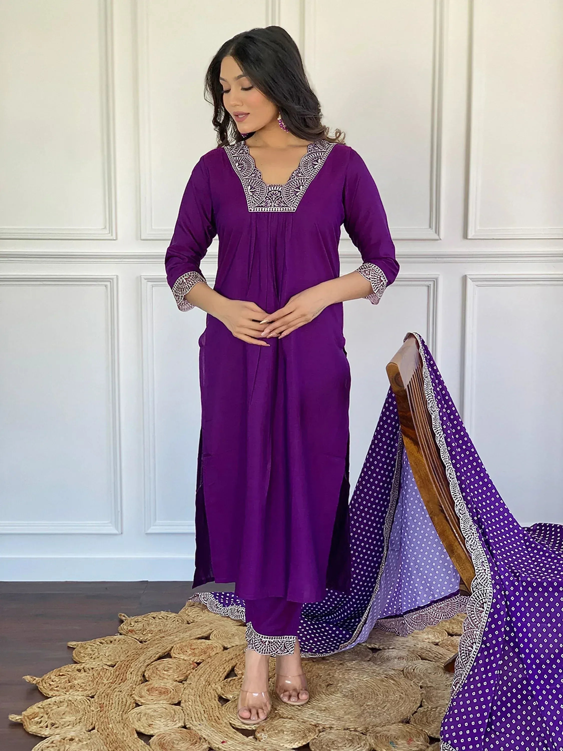 Purple embroidered ethnic kurta with matching palazzo and dupatta, perfect for Indian wear occasions