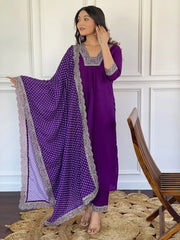 Lovely Purple Embroidered Viscose Festival Wear Pant Suit With Dupatta