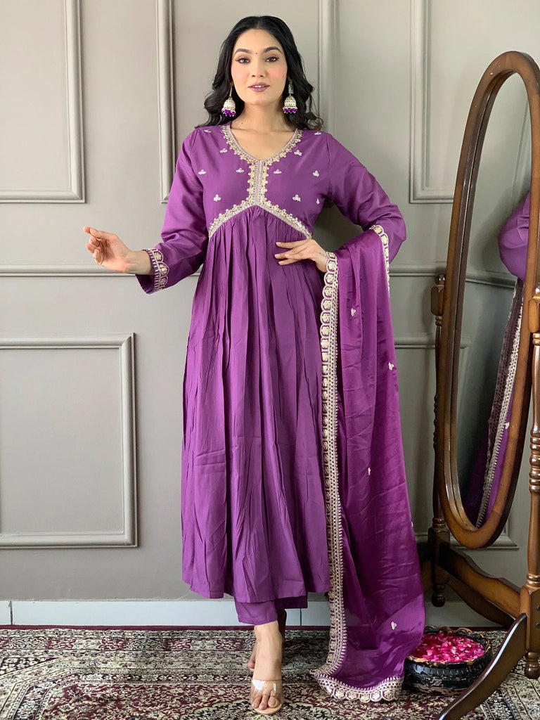 Beautiful Lilac Embroidered Viscose Event Wear Pant Suit With Dupatta