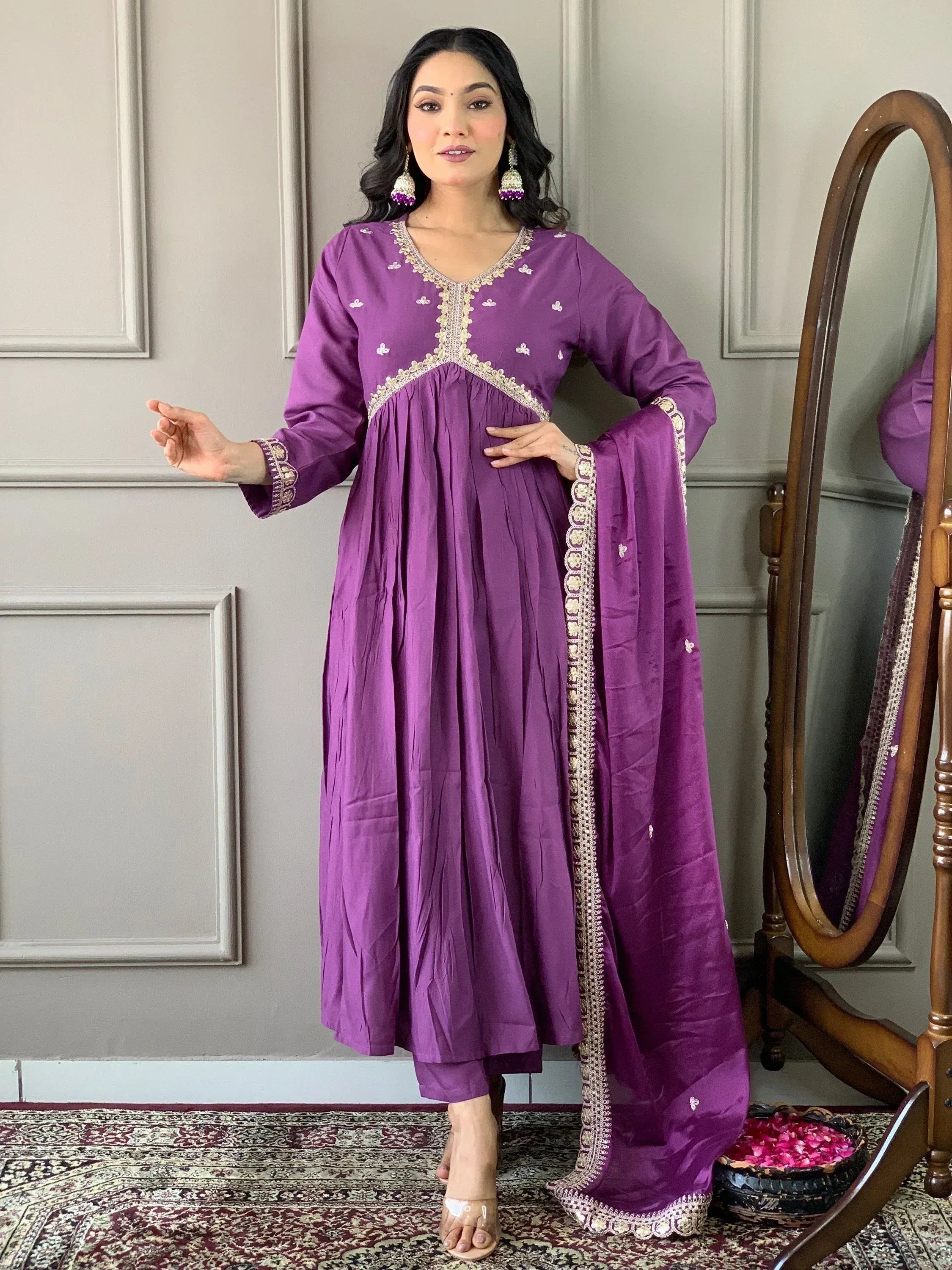Purple embroidered ethnic gown with matching dupatta, ideal for Indian occasions and festive wear