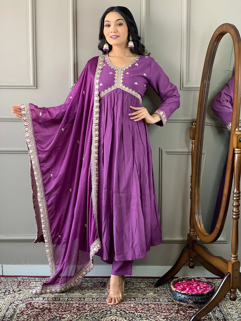 Beautiful Lilac Embroidered Viscose Event Wear Pant Suit With Dupatta