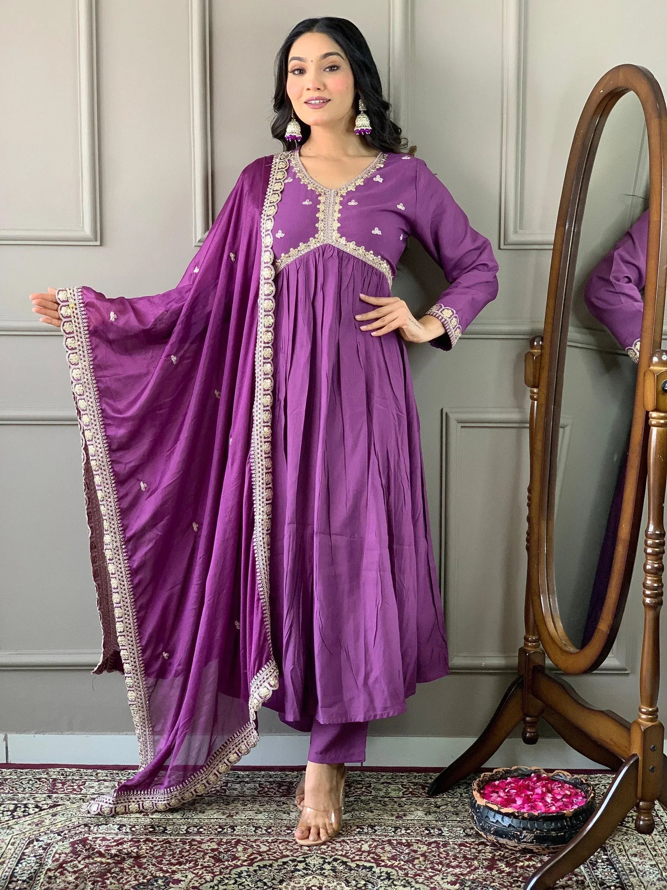 Purple embroidered ethnic salwar kameez with matching dupatta, perfect for Indian occasions