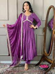 Beautiful Lilac Embroidered Viscose Event Wear Pant Suit With Dupatta
