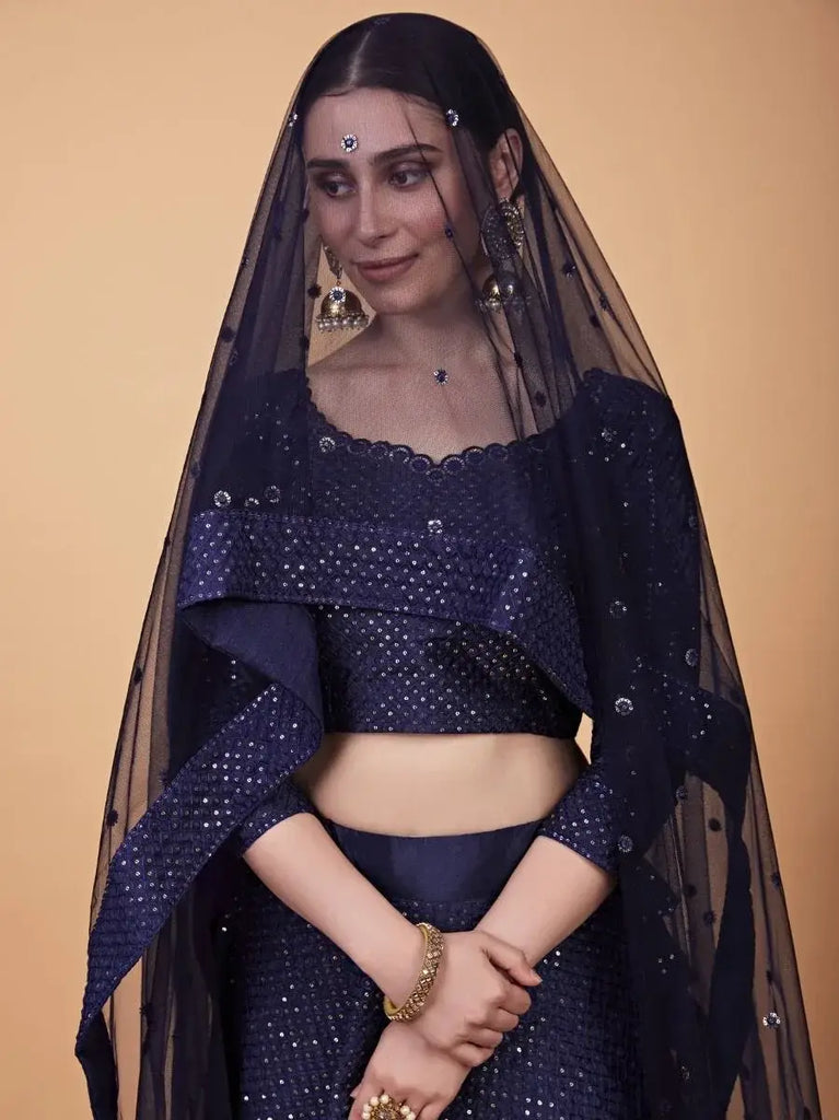 Spectacular Navy-blue Embroidered Silk Party Wear Lehenga Choli