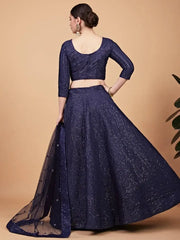Spectacular Navy-blue Embroidered Silk Party Wear Lehenga Choli