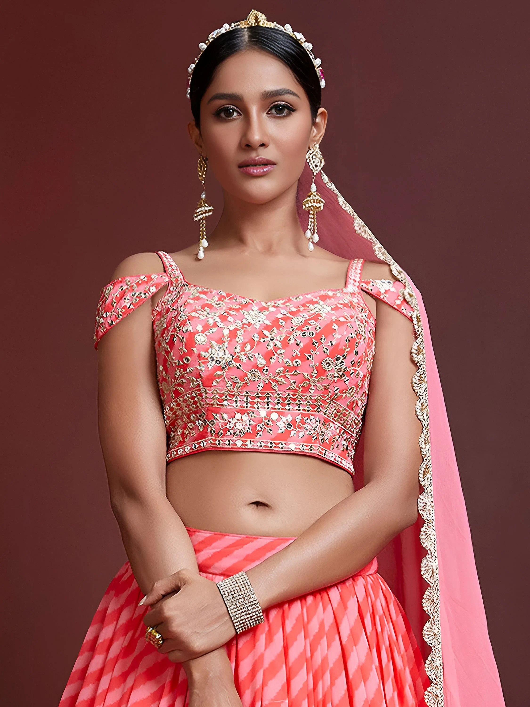 Adorable Pink Sequins Embroidered Organza Bridesmaid Lehenga Choli