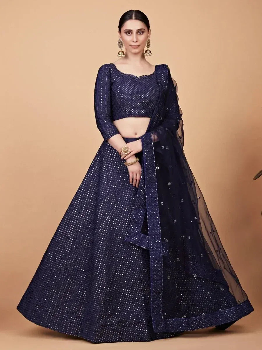 Navy blue designer lehenga choli with sequin work, perfect for weddings and festive occasions