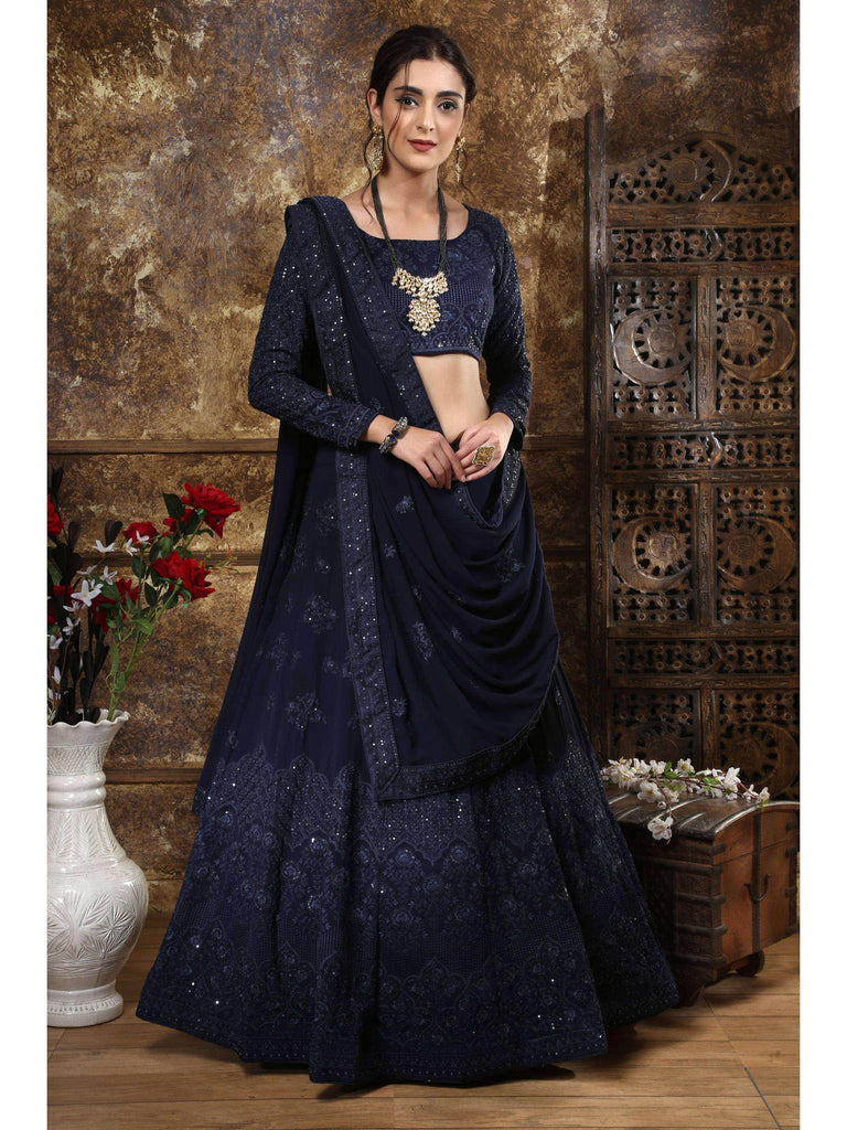 Navy Blue Embroidered Georgette Festive wear Lehenga Choli