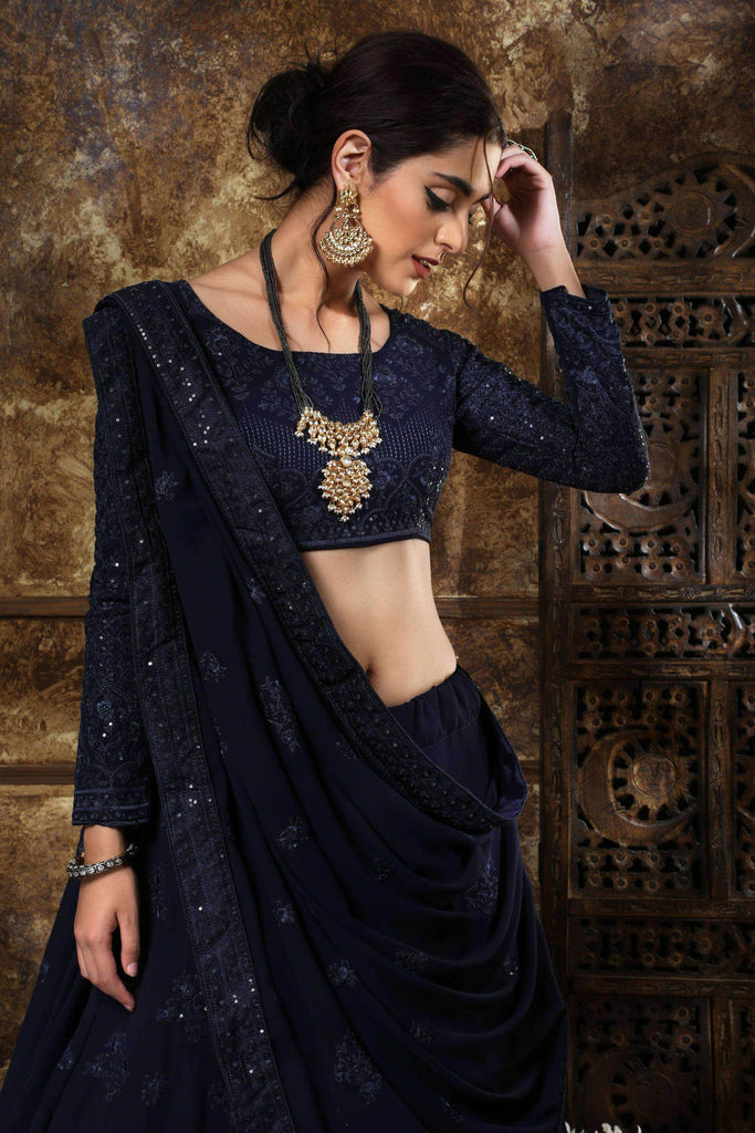 Navy Blue Embroidered Georgette Festive wear Lehenga Choli