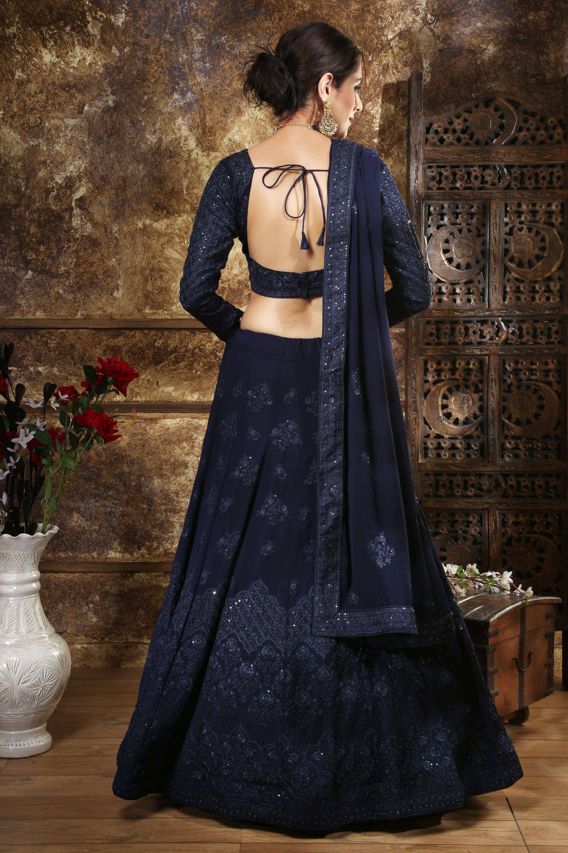 Navy blue designer lehenga choli with sequin work, back tie blouse, and dupatta for Indian ethnic wear