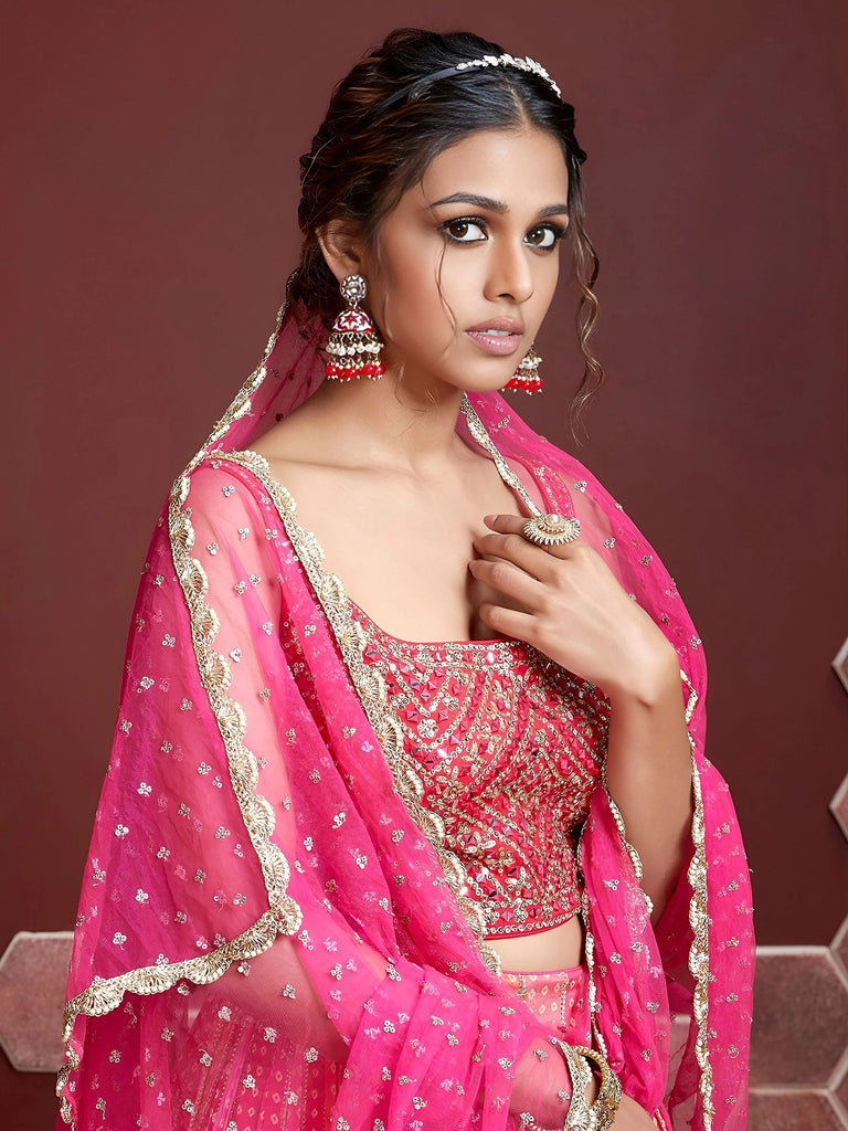 Attractive Pink Embroidered Chinon Wedding Wear Plus Size Lehenga Choli