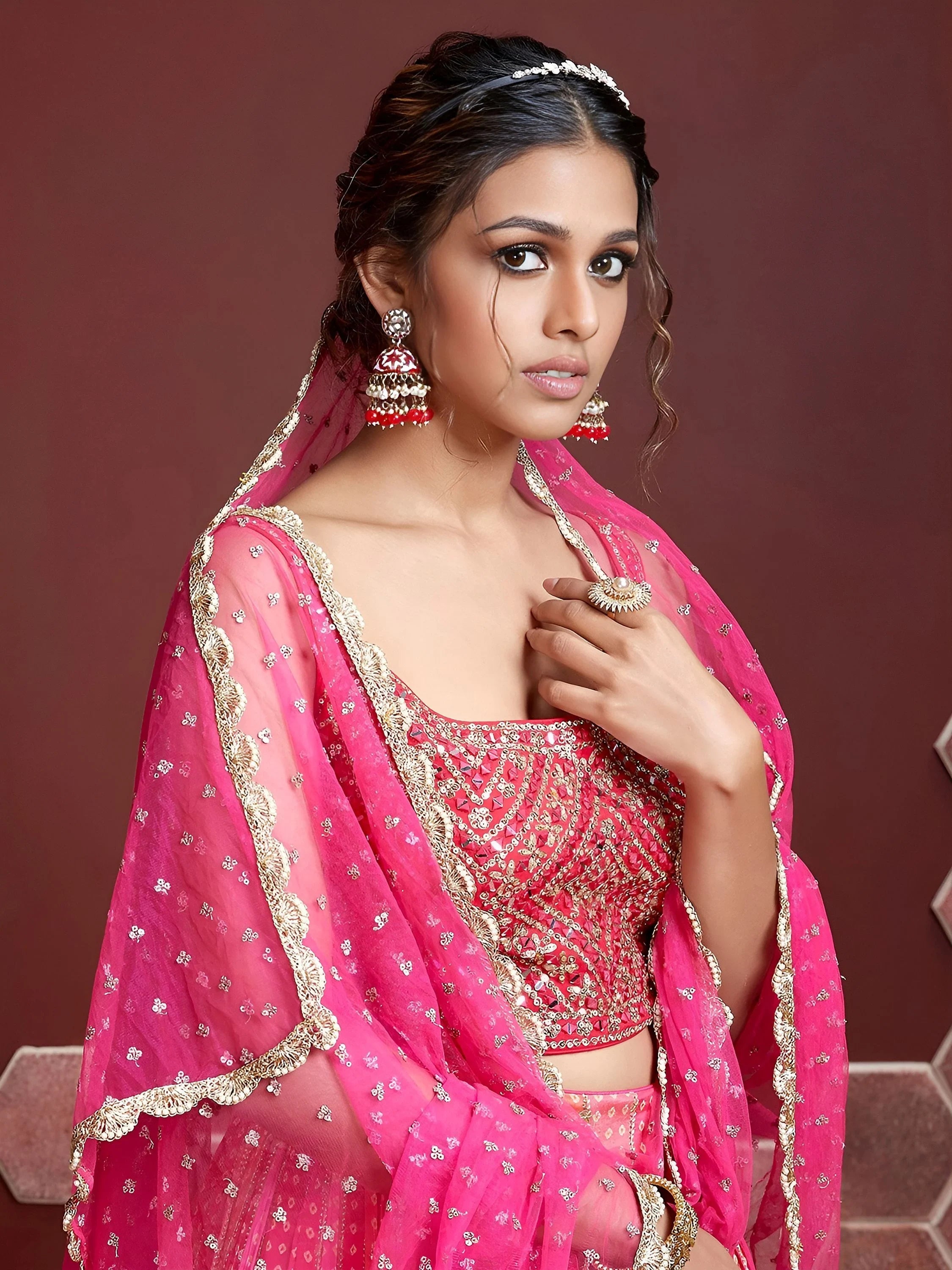 Admire Pink Chinon Mirror With Embroidery Designer Lehenga Choli