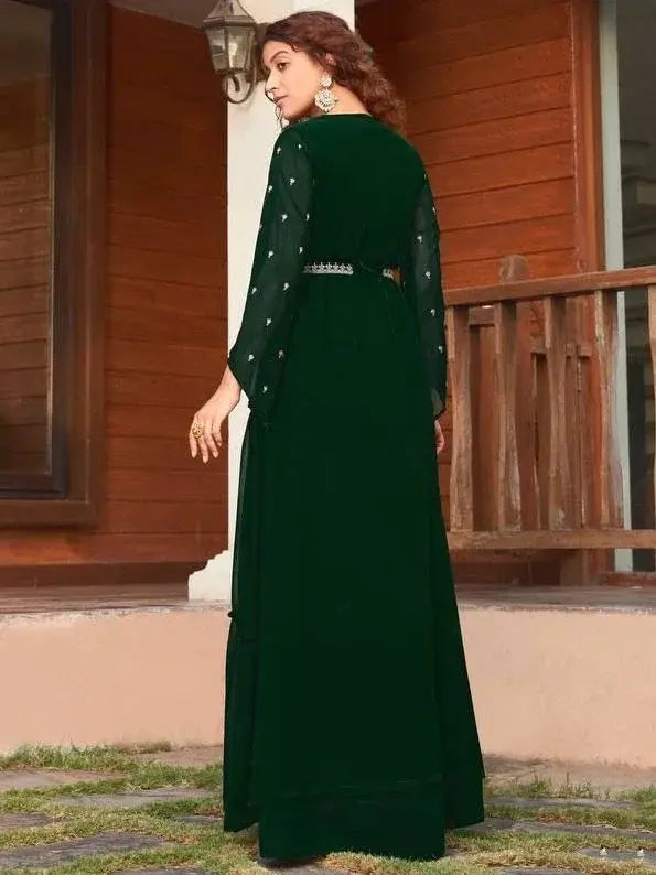 Green Embroidered Georgette Party Wear Gown With Jacket