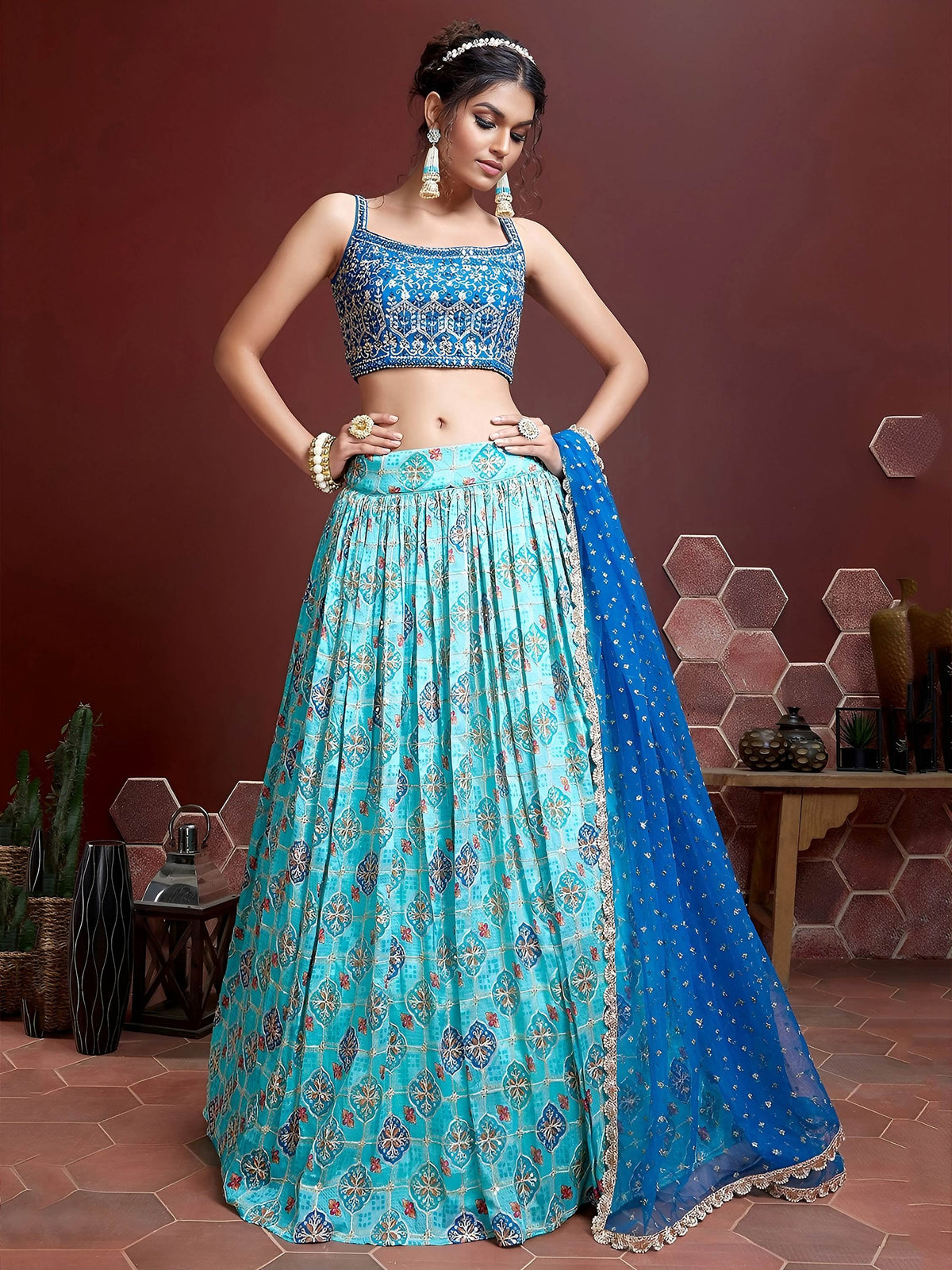 Lovely Sky Blue Chinon Digital Print Mirror Party Wear Lehenga