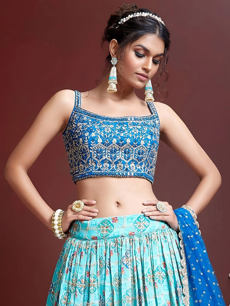 Lovely Sky Blue Chinon Digital Print Mirror Party Wear Lehenga