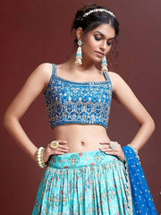 Lovely Sky Blue Chinon Digital Print Mirror Party Wear Lehenga