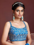 Lovely Sky Blue Chinon Digital Print Mirror Party Wear Lehenga