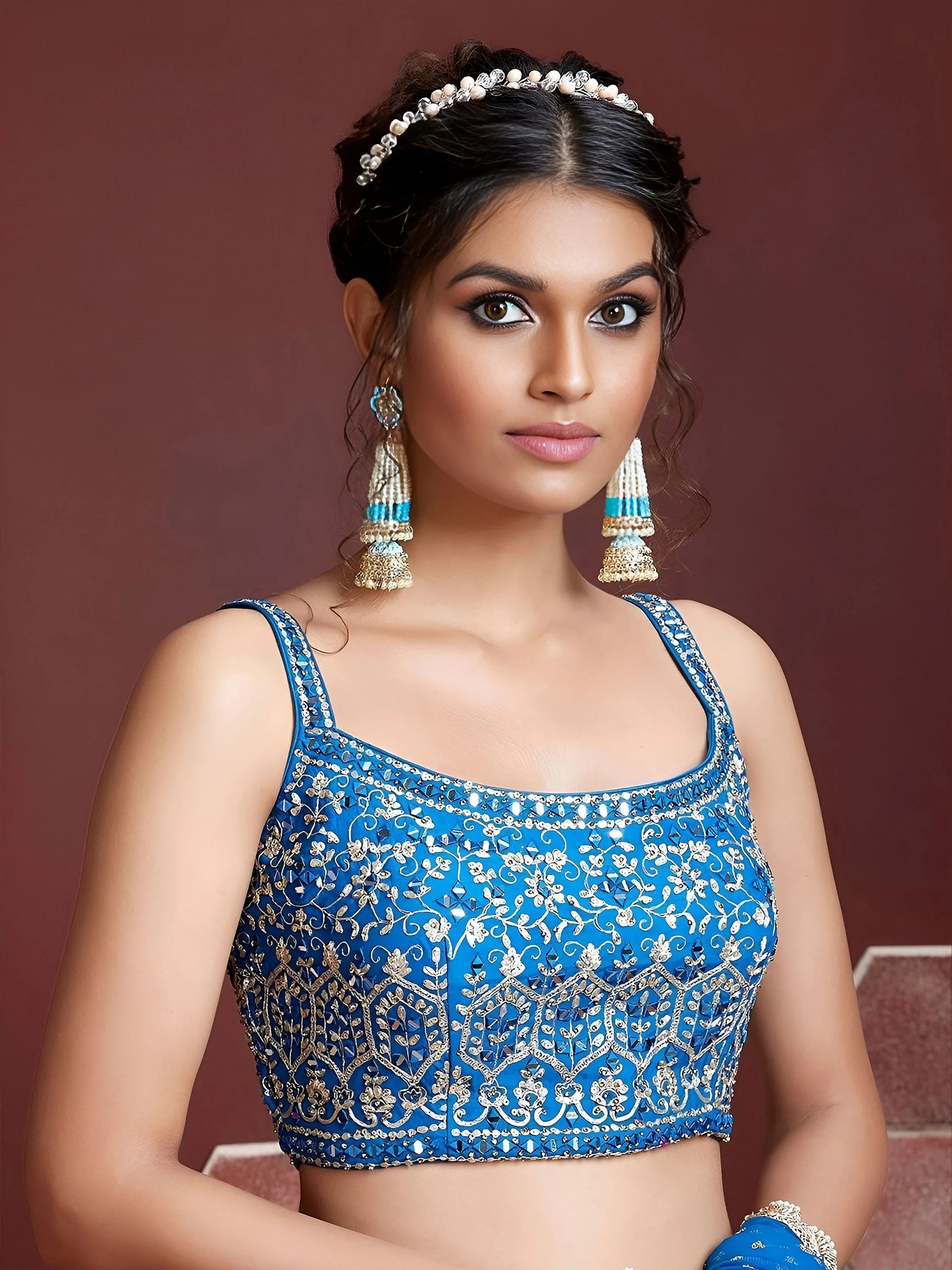 Lovely Sky Blue Chinon Digital Print Mirror Party Wear Lehenga