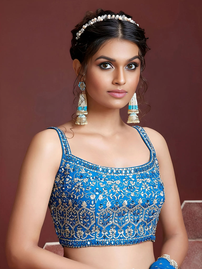 Lovely Sky Blue Chinon Digital Print Mirror Party Wear Lehenga