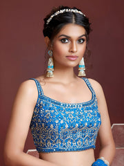 Lovely Sky Blue Chinon Digital Print Mirror Party Wear Lehenga