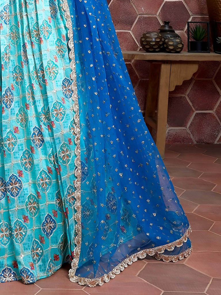 Lovely Sky Blue Chinon Digital Print Mirror Party Wear Lehenga