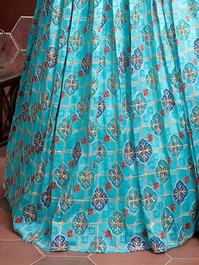 Lovely Sky Blue Chinon Digital Print Mirror Party Wear Lehenga