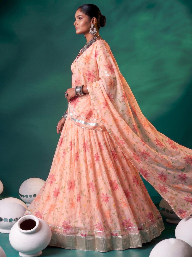 Fantabulous Peach Floral Printed Silk Event Wear Lehenga Choli