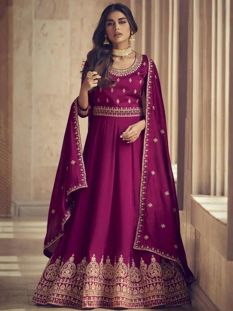 Stunning Pink Embroidered Silk Engagement Wear Ready-Made Gown