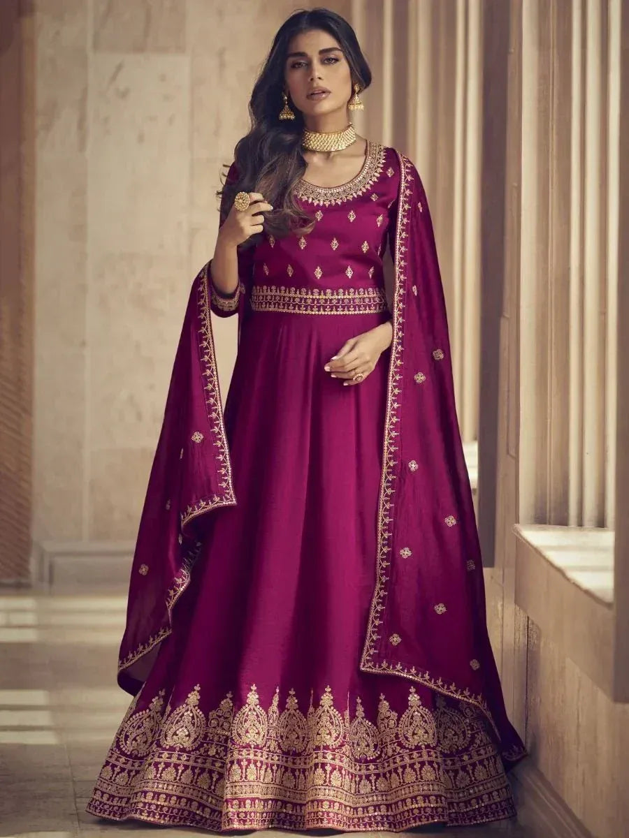 Mustard yellow ethnic anarkali with floral embroidery and mirror work, perfect for Indian occasions